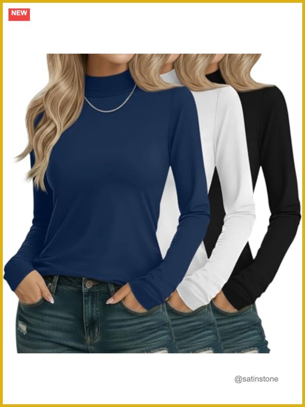 3 Pack Women Cotton Mock Turtleneck Long Sleeve Tees
